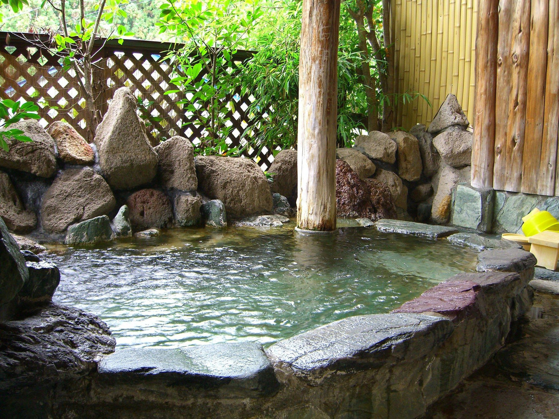 A rock-lined outdoor bath beneath trees.