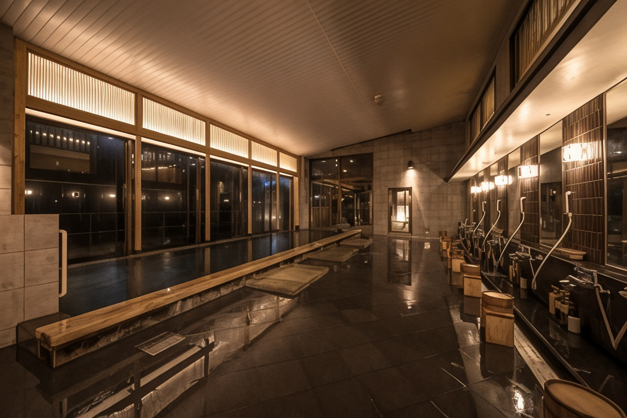 An indoor bath and washing stations at night.
