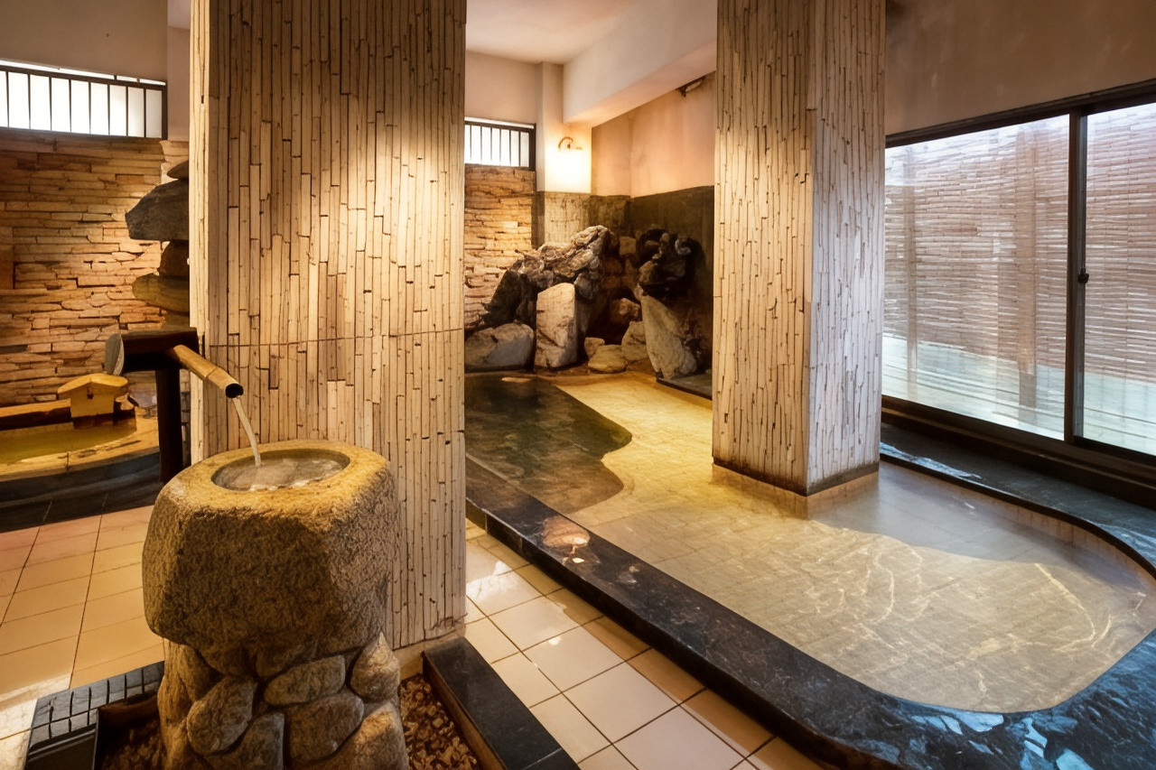 A stone-accented bath is set beside a wood-lined interior.