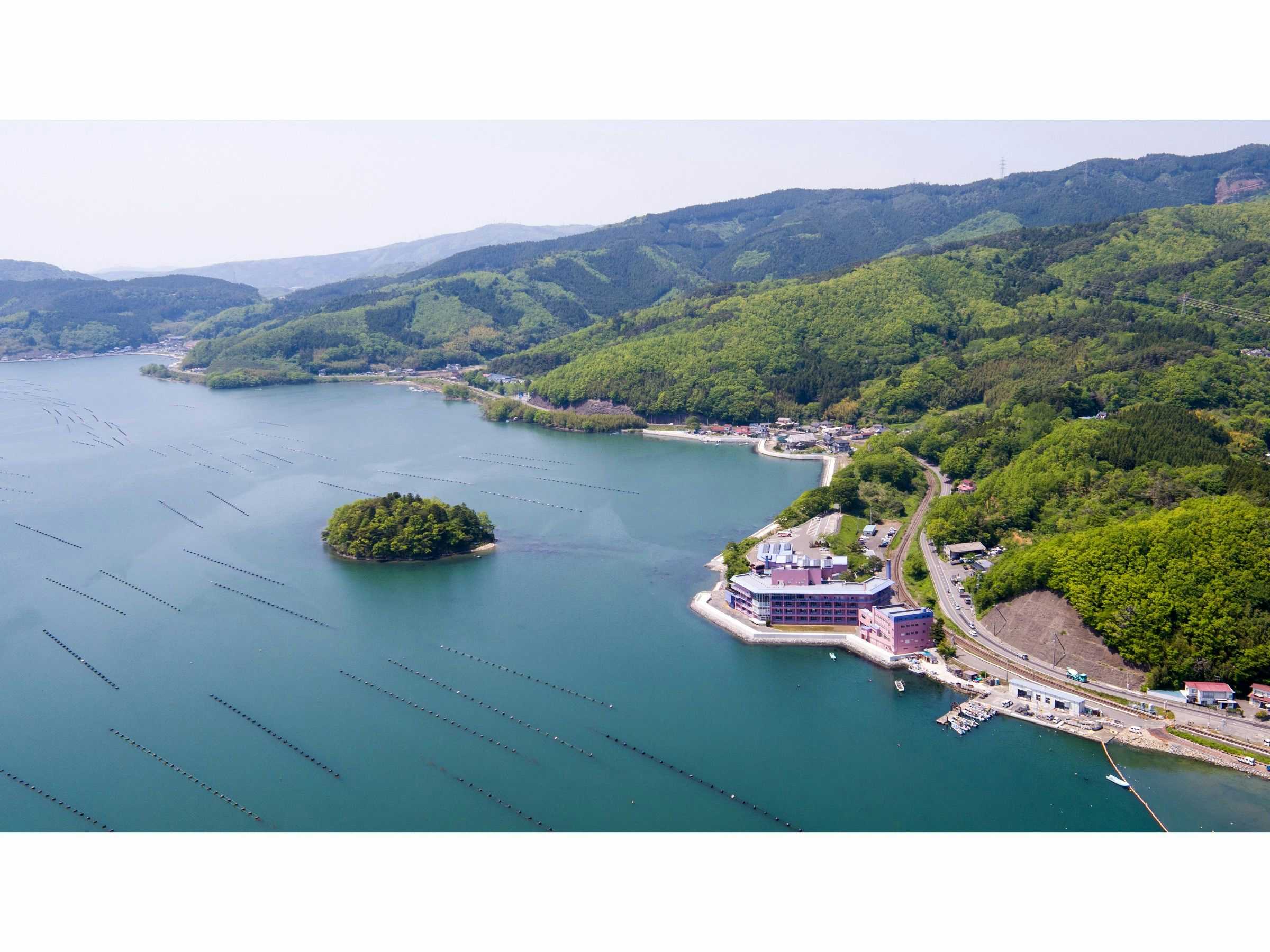 Onagawa Onsen Hanayubi with an aerial view of the coastal inn beside forested hills and a small island.