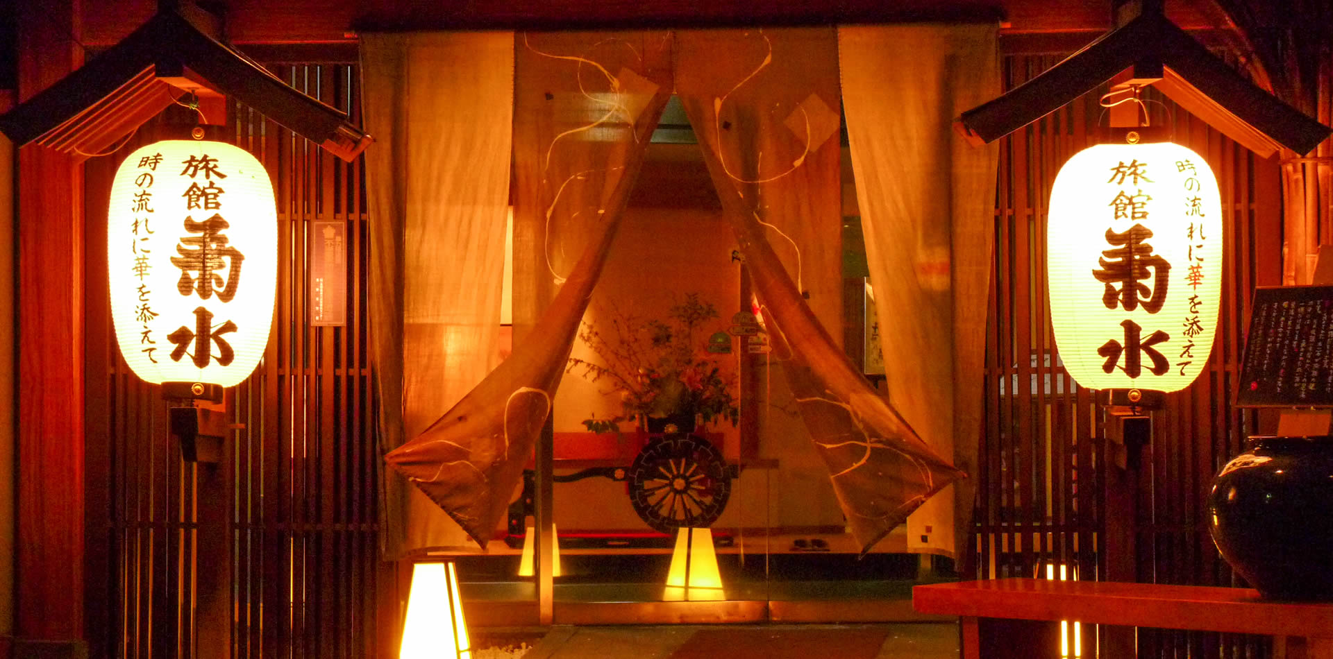 Warmly lit entrance display.