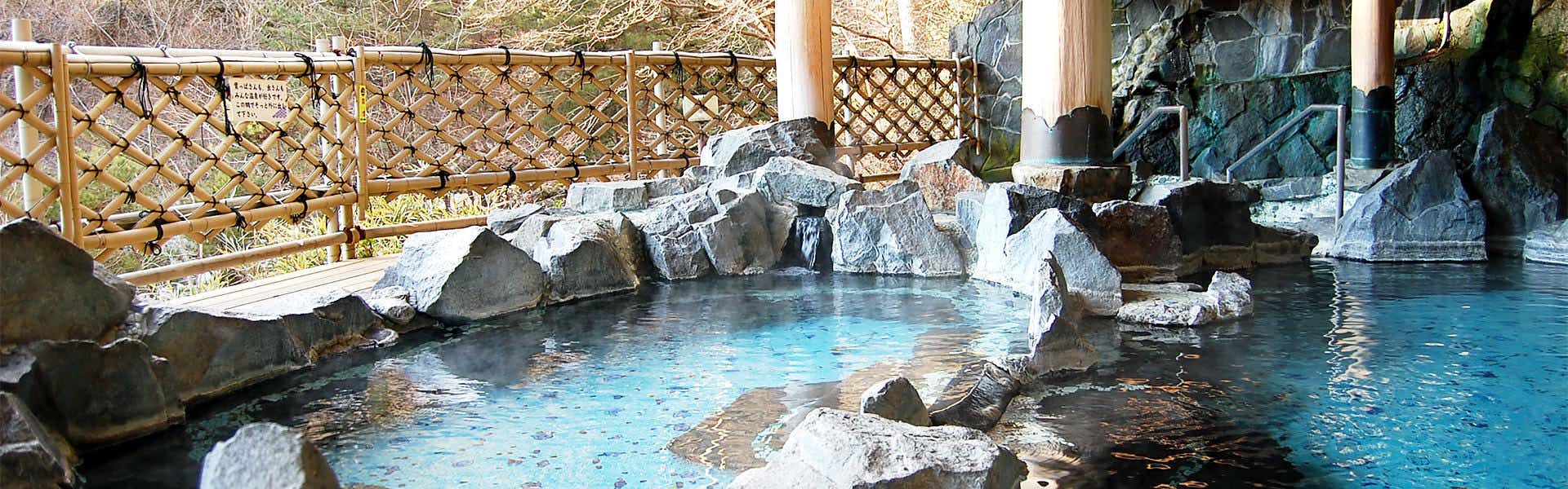 Kawafuru Onsen Yamagatakan covered outdoor rock bath beside a bamboo fence