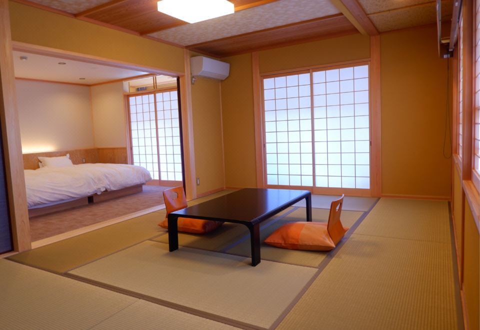 Japanese-style guest room with a low table.