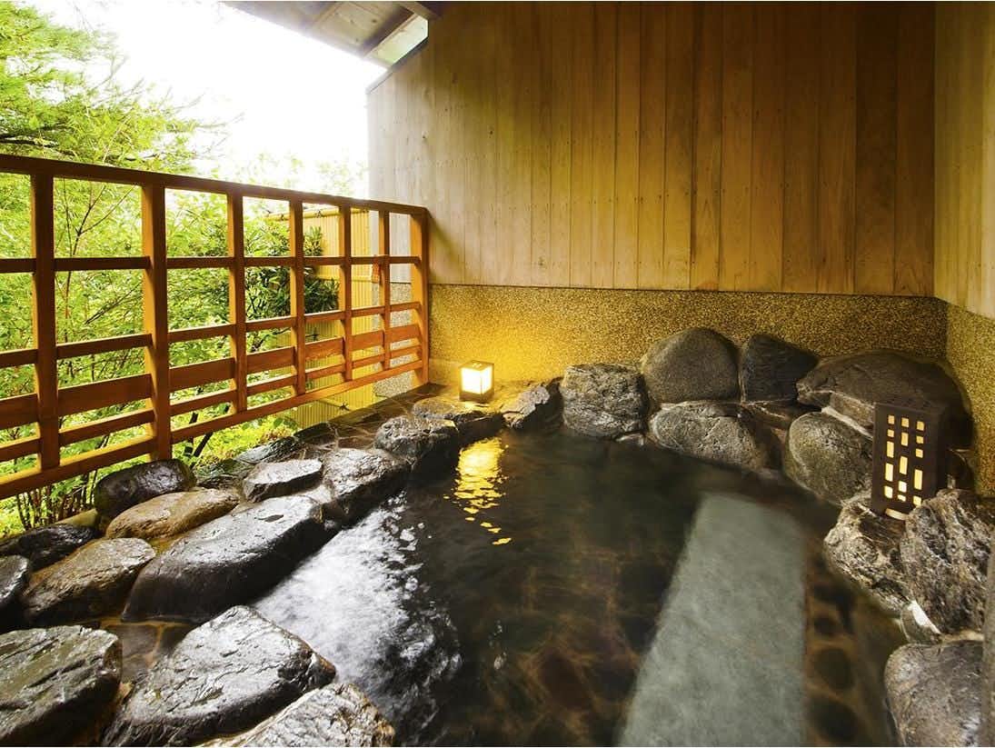 Hotel Yunomoto with a sheltered stone bath framed by fresh green leaves.