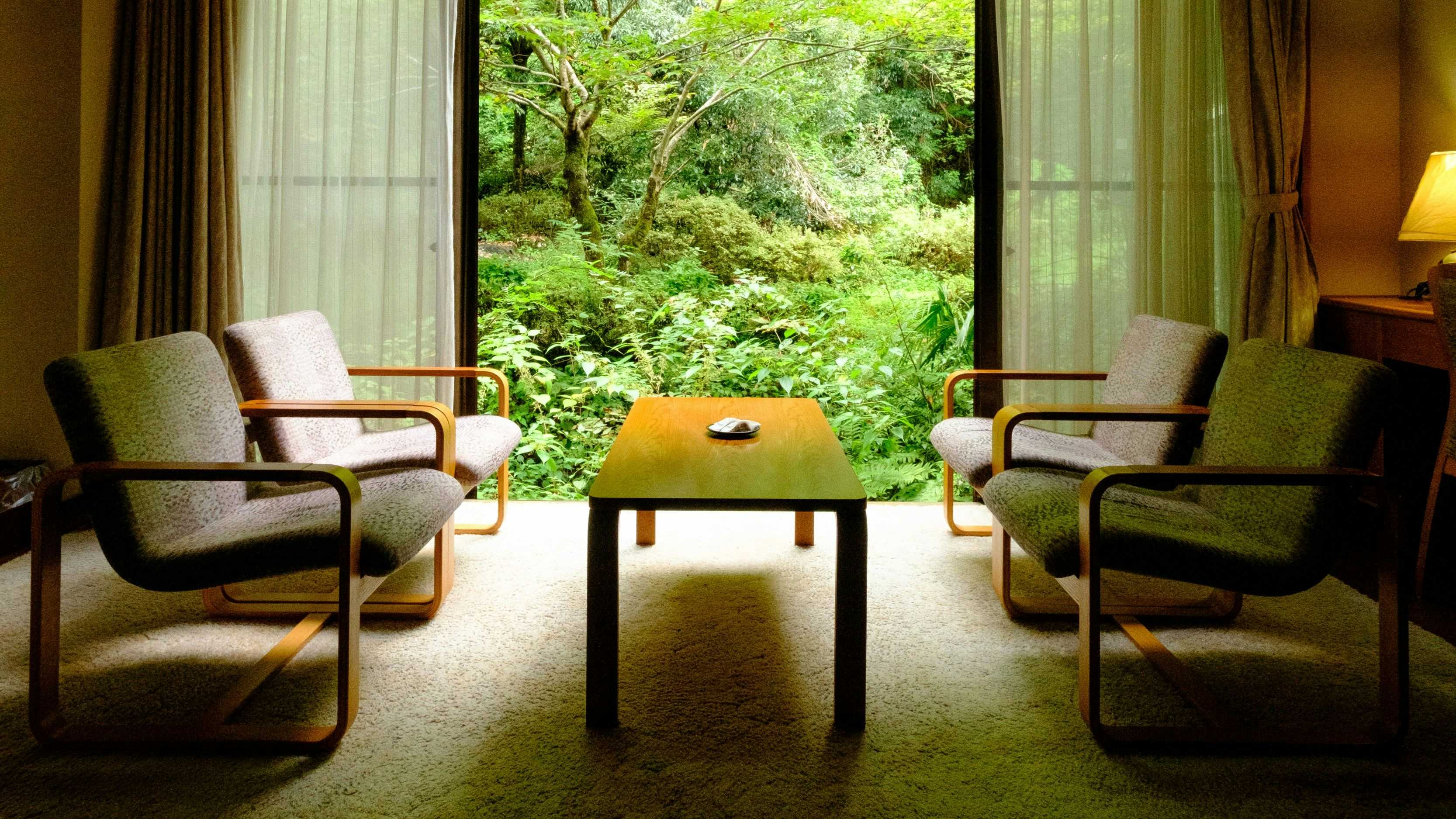 Misasa Onsen Kouraku with a quiet seating area overlooking dense garden foliage.