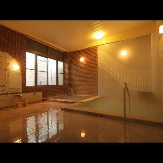 Teradomari Hokushinkan with a tiled indoor bath glowing beneath warm ceiling lights.