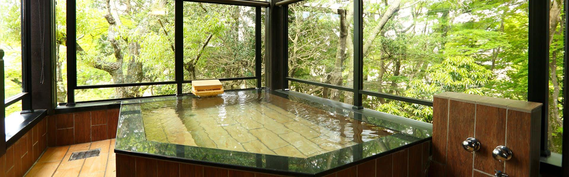 Gora Tsuki no Izumi with this scene, where a private square bath looks through full-height glass toward leafy woodland.