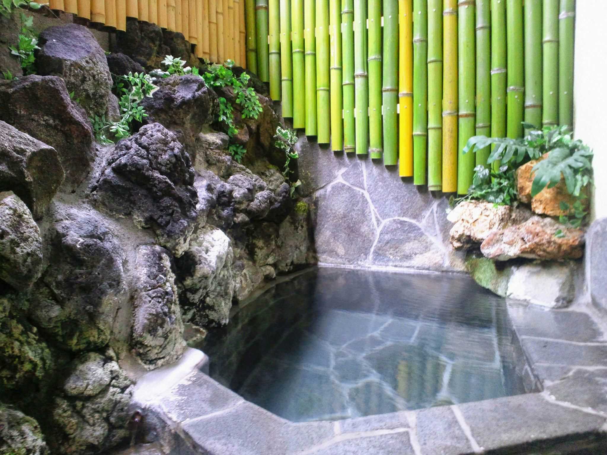 Shima Onsen Kotobukiya Ryokan indoor bath with water, gray rocky walls, moss-covered stones, and bright green bamboo screening visible at edge.