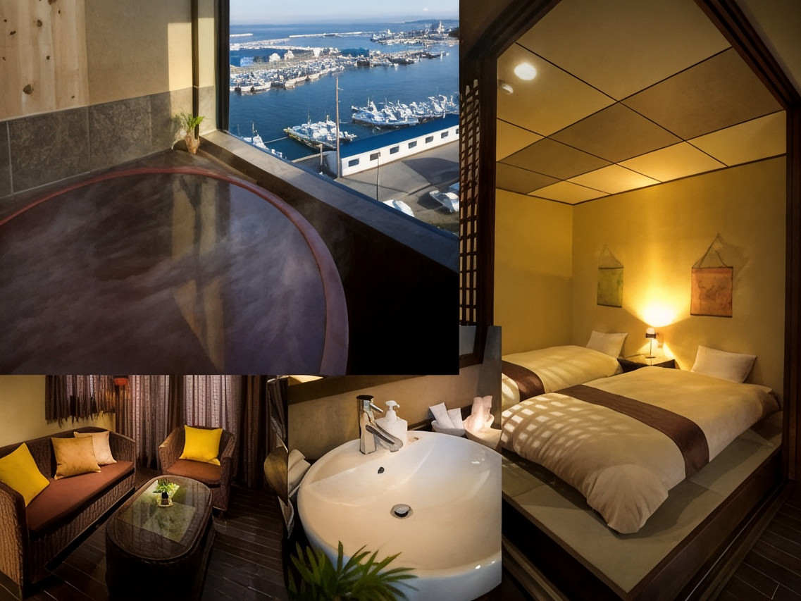 A warmly lit interior combines seating and a harbor outlook.