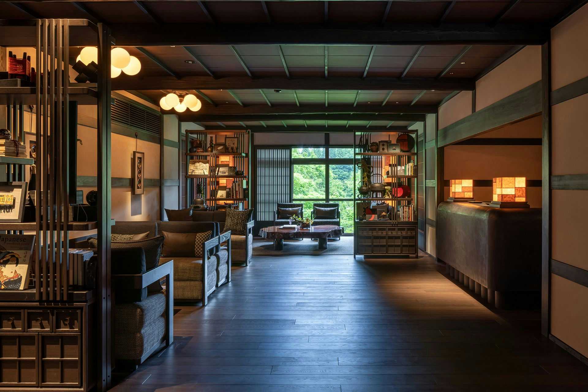 Osawayama Onsen Osawakan long timber interior with lounge seating and garden windows