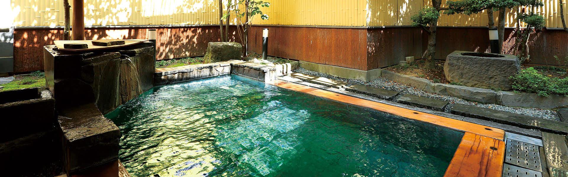 A rectangular hot-spring bath with blue water and garden windows.