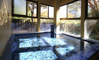 An indoor bath with blue tiles and large windows.