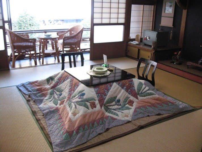 Masugen Ryokan with a tatami room arranged around a quilted kotatsu.