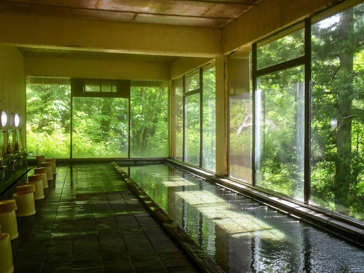 Nakaya Annex Fudokaku with a long indoor bath overlooking dense forest through broad windows.