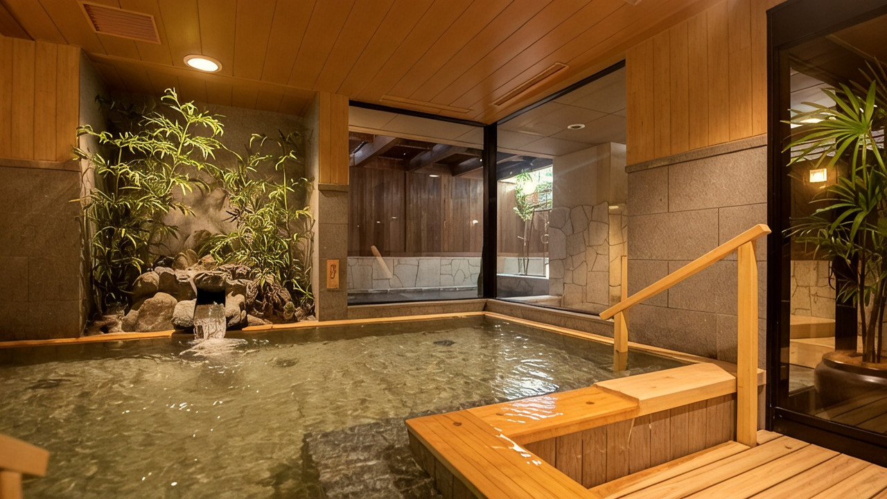 Indoor bath with a garden feature.