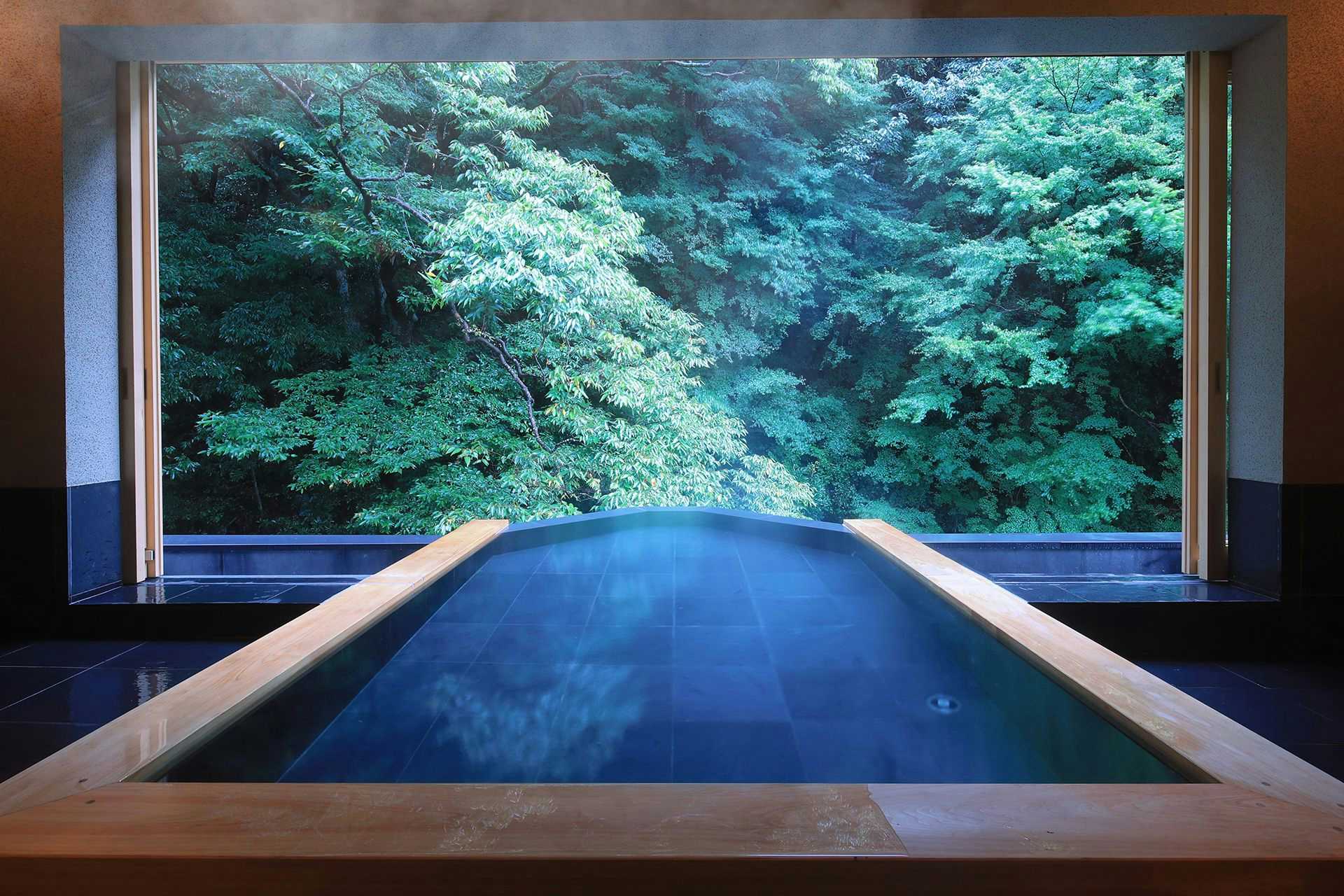 Okuyugawara YUI Rectangular pool with blue-lit water surface, wooden frame, window opening to forest.