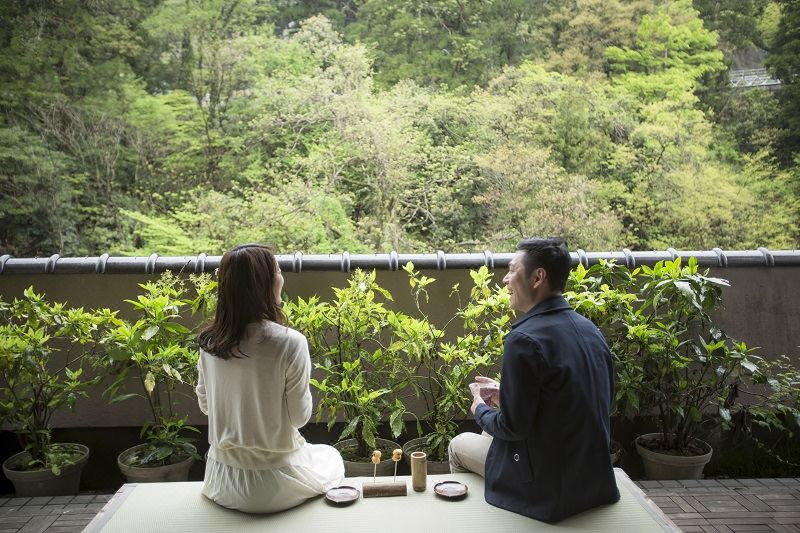 Guests seated beside a window overlooking greenery.