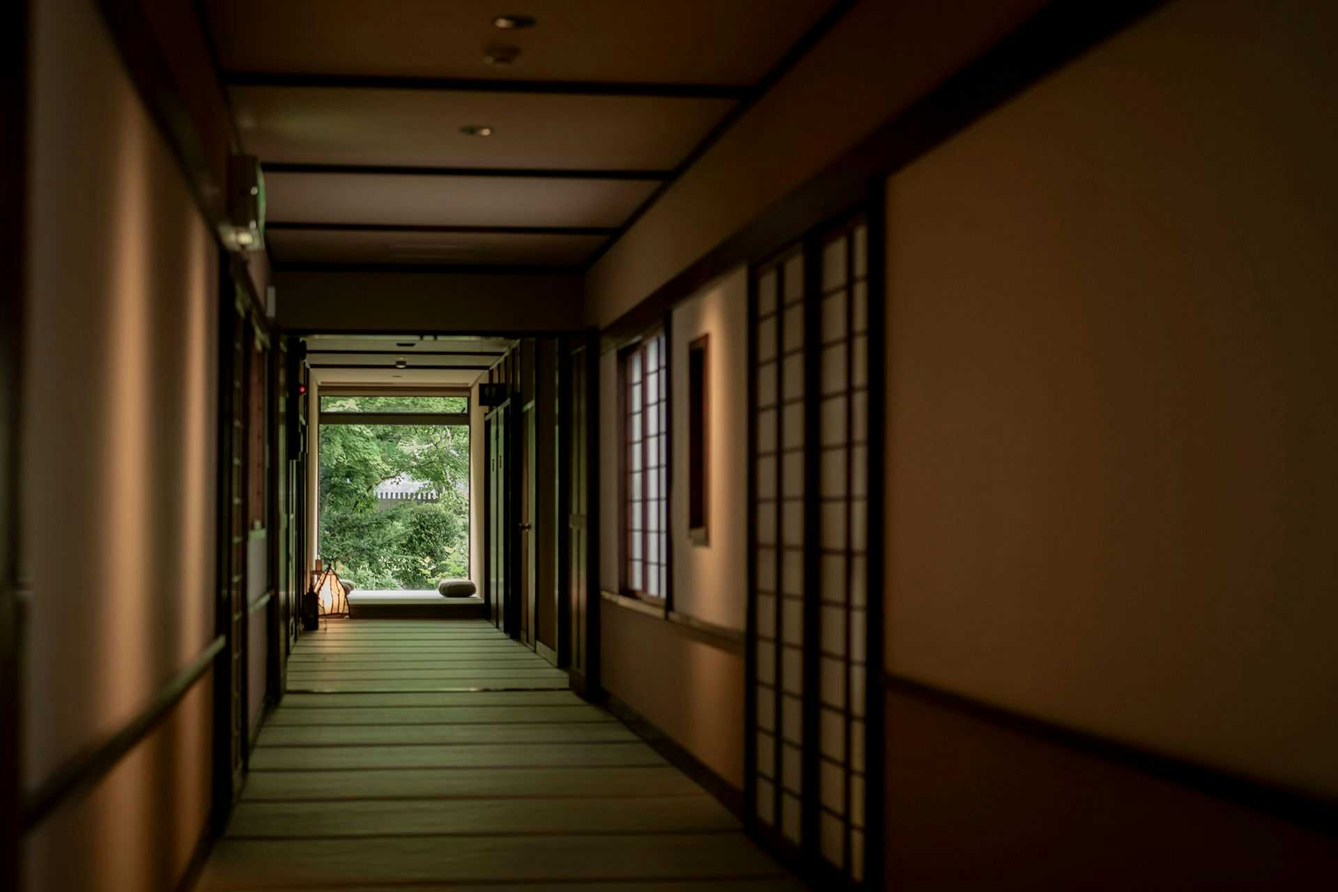 Echigo Tanaka Onsen Shinano-so with a dark timber corridor ending at a green garden view.
