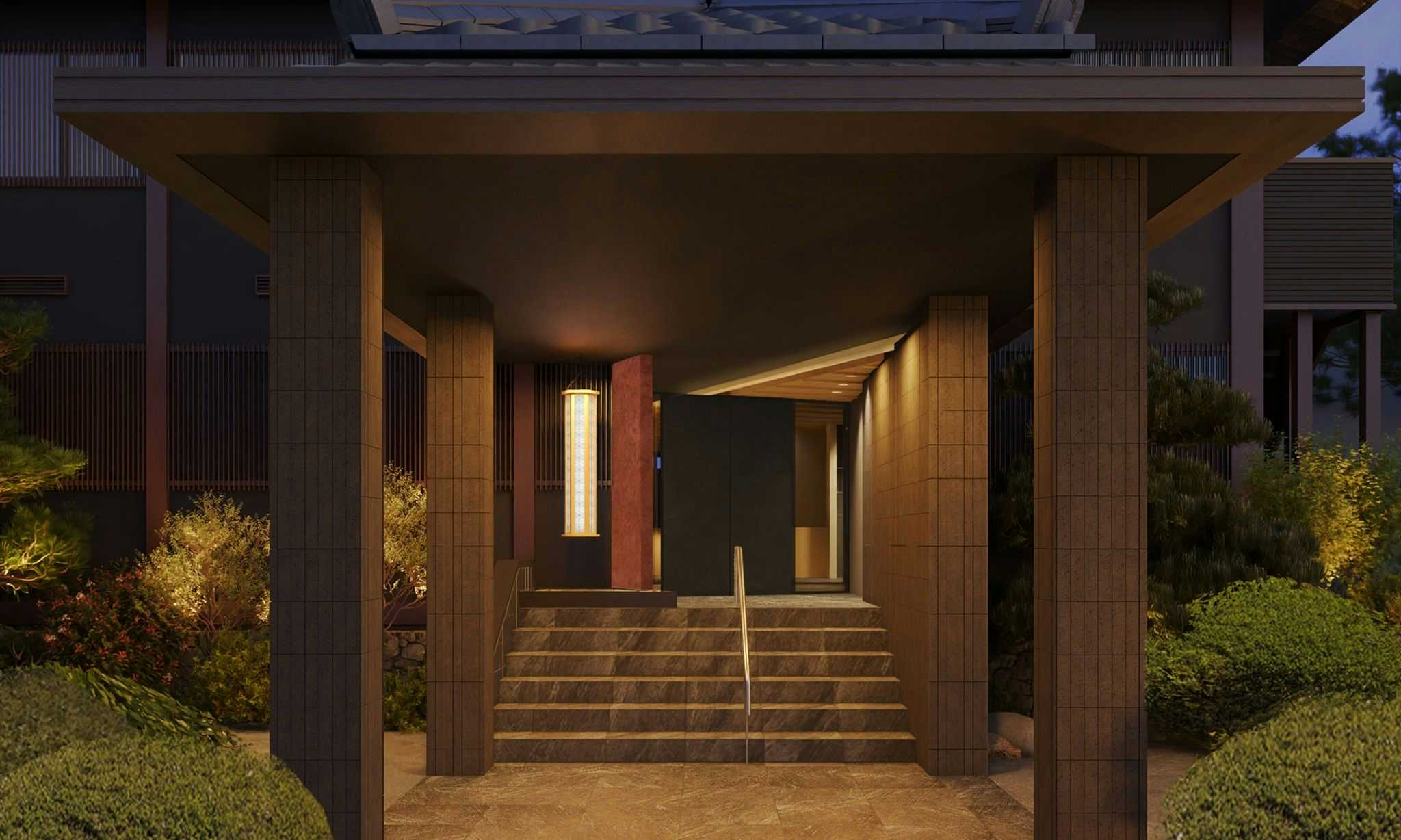 Satsuki Onyado with a broad timber entrance with steps and deep eaves.