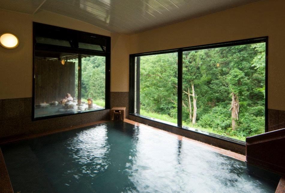 Indoor bathing pool beside floor-to-ceiling windows overlooking trees.