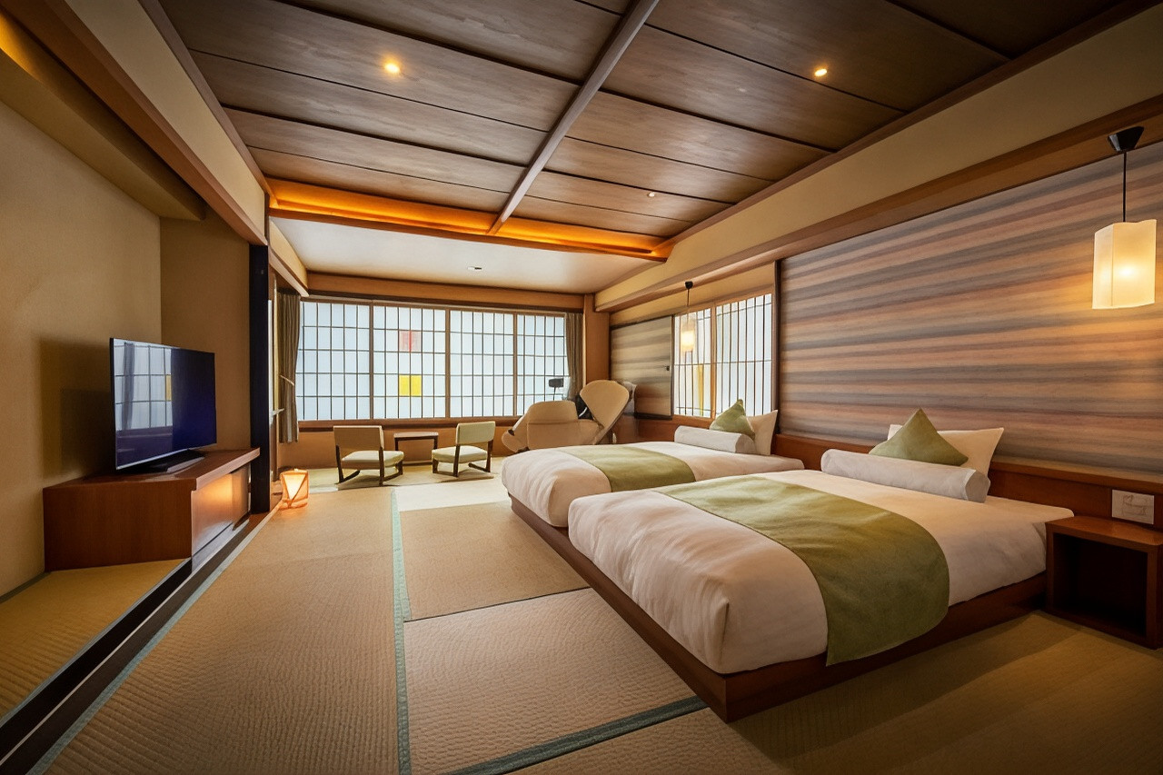 Twin bedroom with wooden walls.