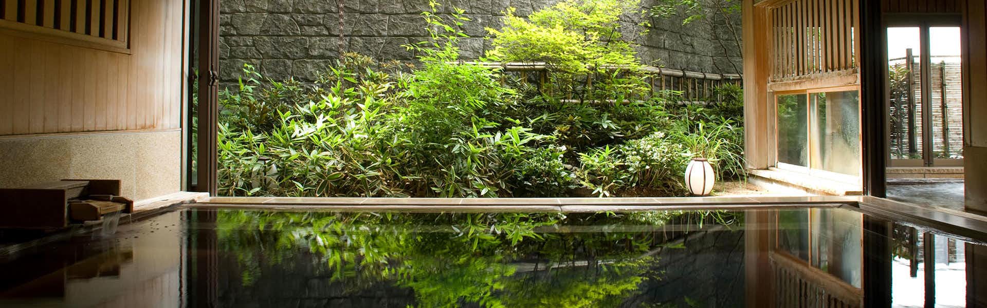 Oyado Tamaki with a dark reflective bath overlooking a compact green garden.