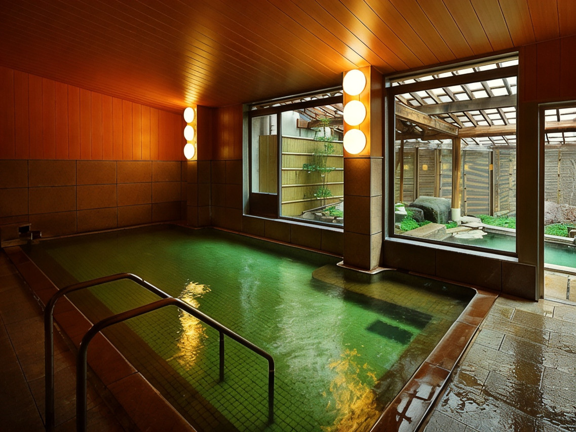 Green-toned indoor bath beside broad windows overlooking a courtyard.