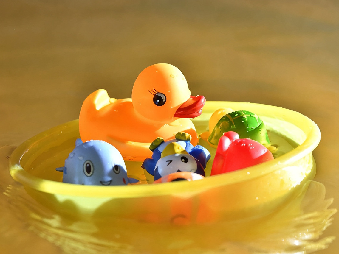 Bath toys in a bowl.