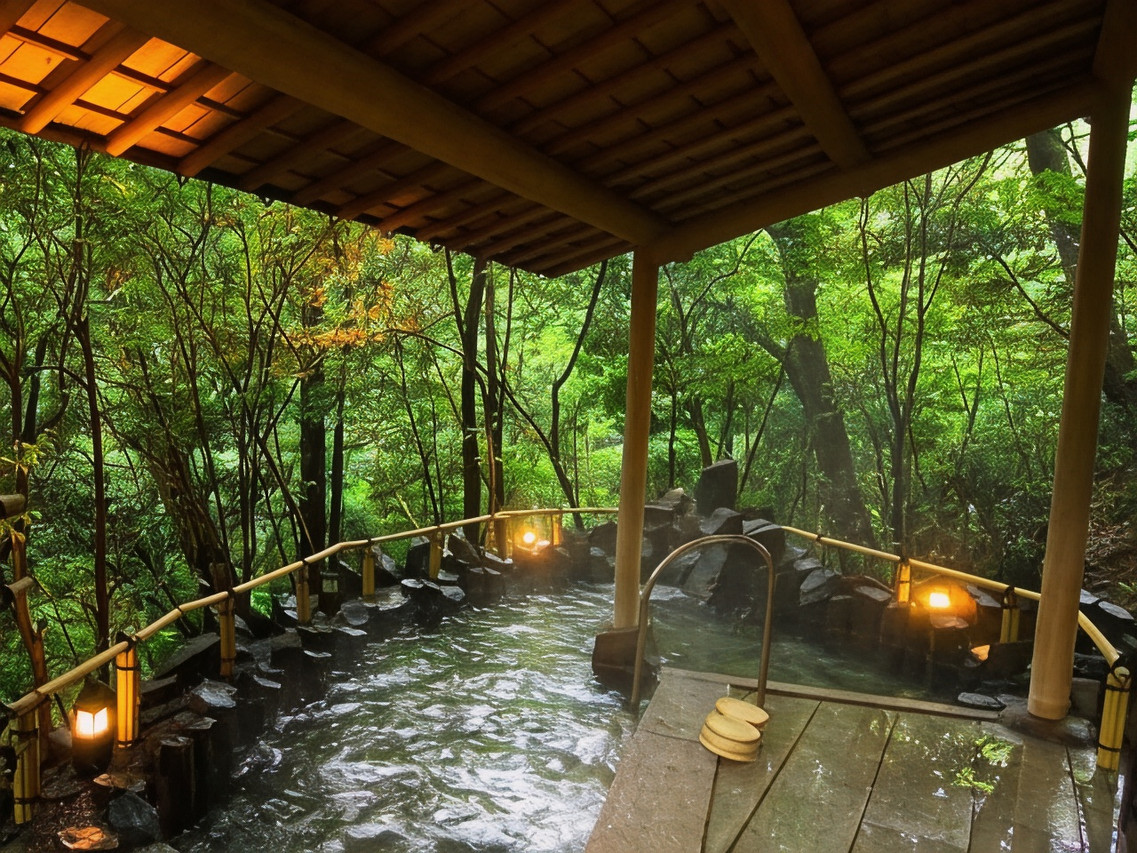 A covered open-air bath surrounded by dense forest.