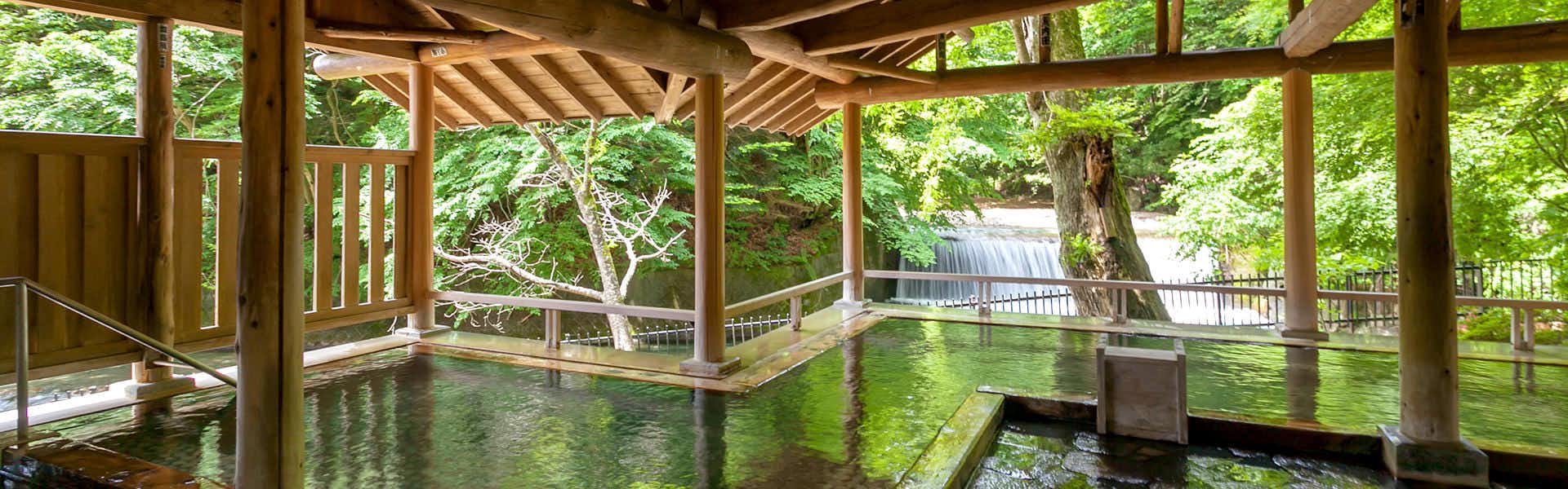 Shima Tamura: A Hot Spring Paradise Inn with an open-air bath surrounded by green garden trees.
