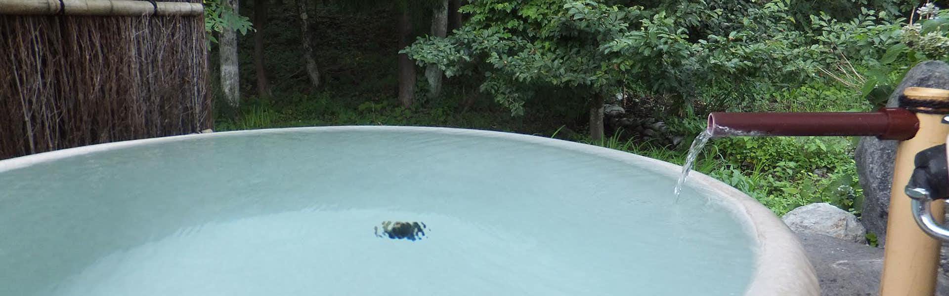 Omachi Onsenkyo Shinano no Sato Tokishirazu no Yado Orika with a round pale-blue bath framed by timber and forest greenery.