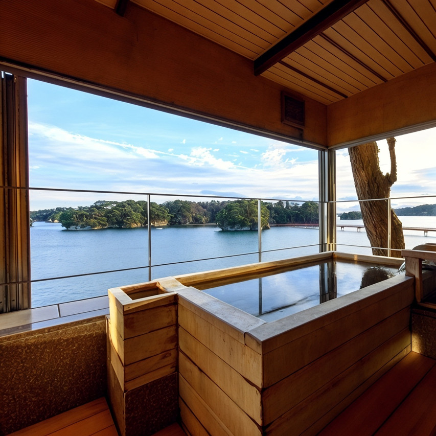 A private wooden bath overlooking Matsushima Bay.