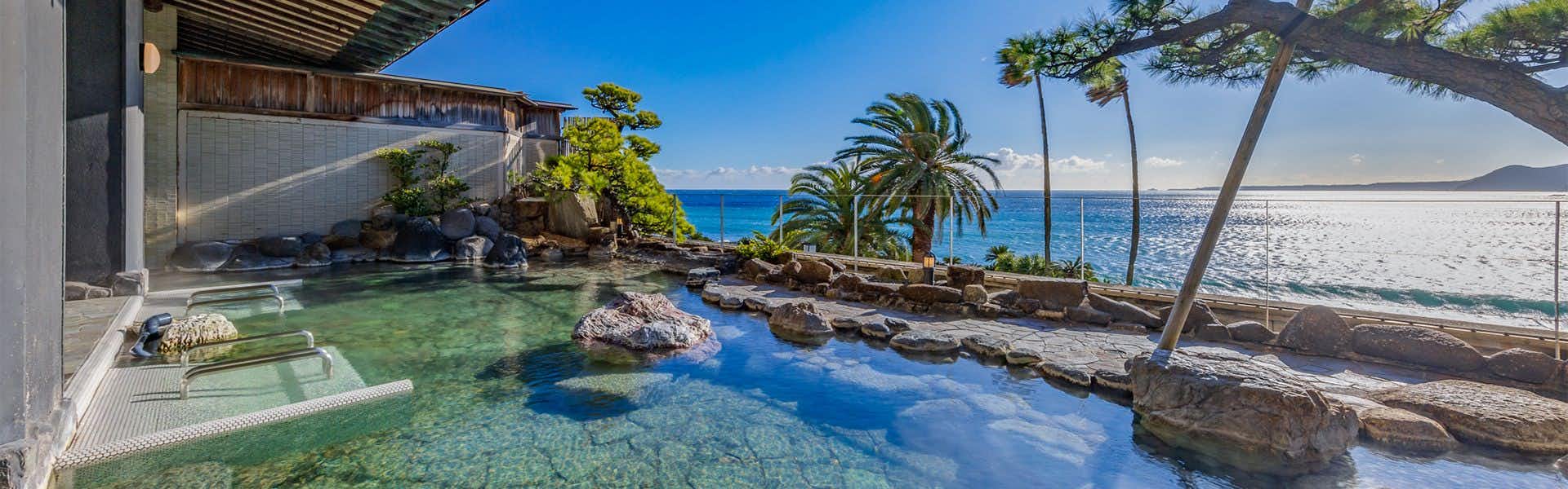 A garden bath overlooking palms and the blue ocean.