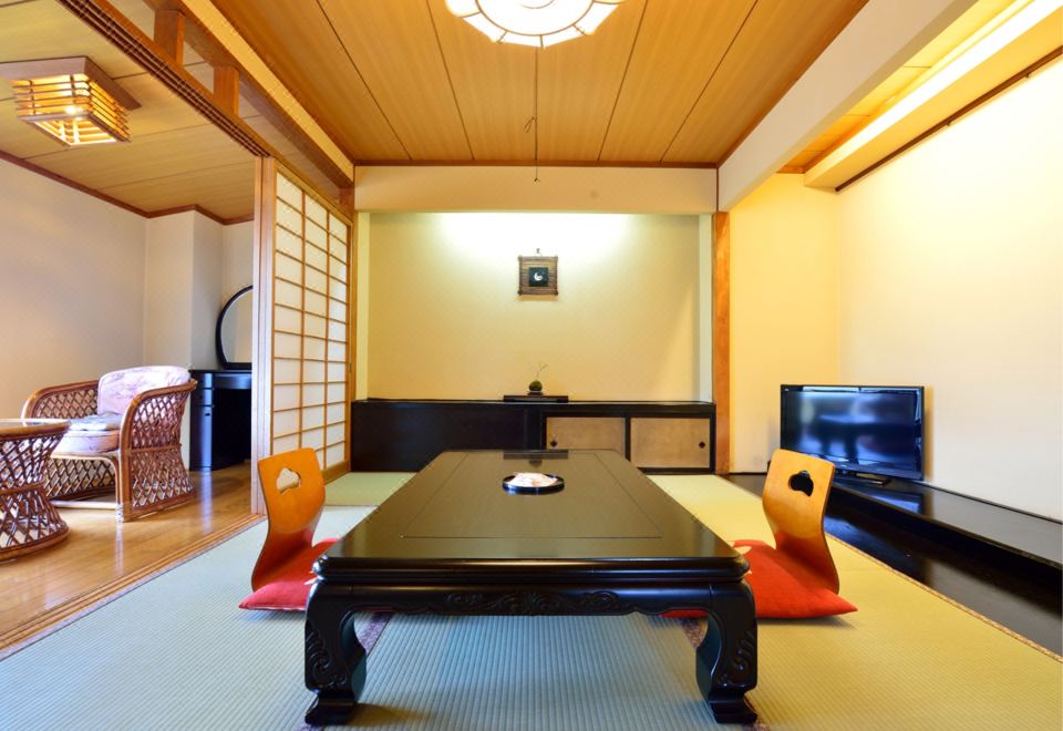 A Japanese room with a low table and television.