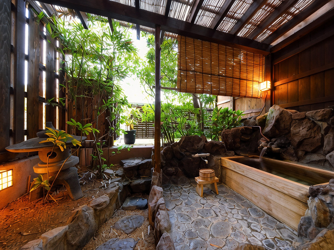 A covered rock-lined bath is surrounded by timber and greenery.