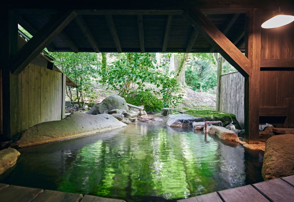 A covered outdoor pool extends beneath a wooden roof beside the trees.