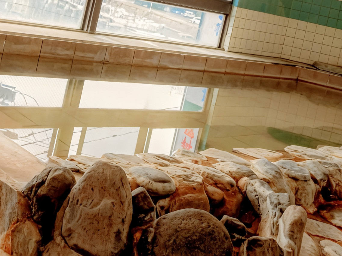 A bright indoor bath with rocks.