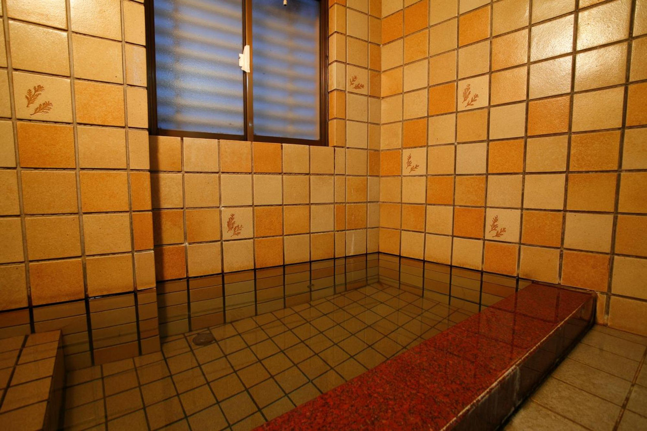 Wood-lined indoor bath with a tiled soaking area.