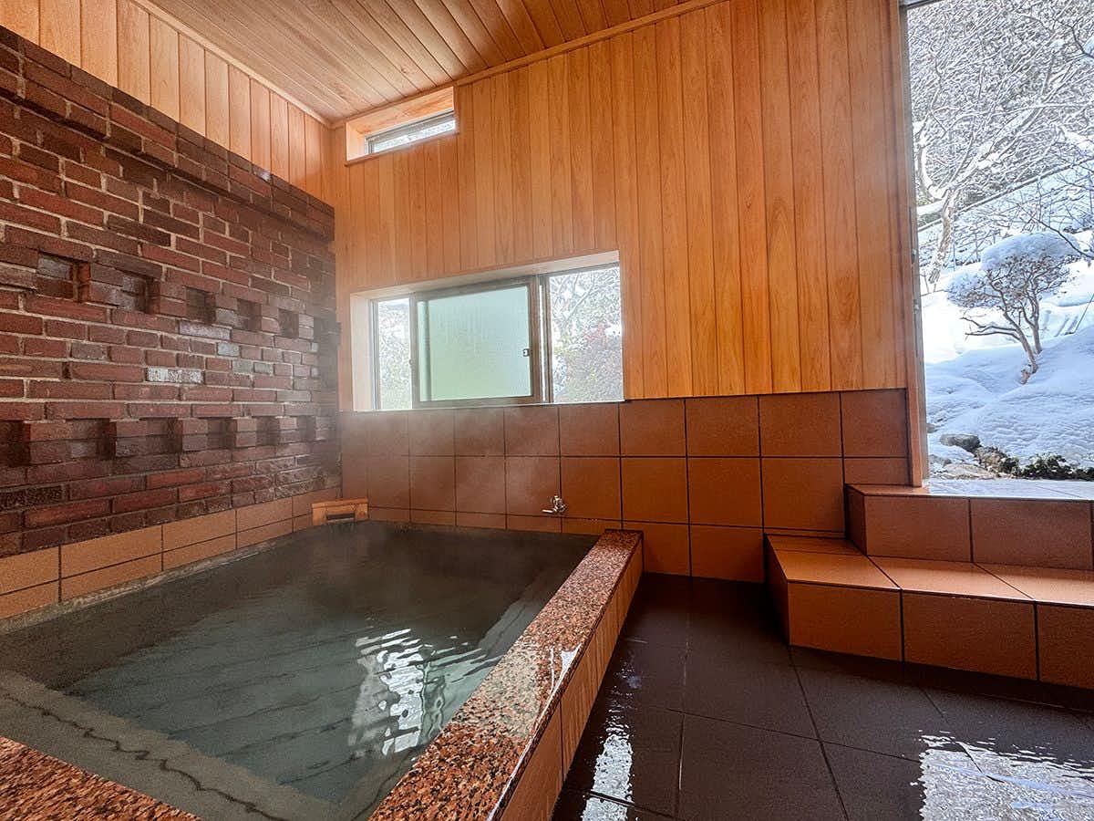 Tsudoi-yu and Soba Cuisine Inn Seigakukan with a compact indoor mineral bath lined with warm timber.