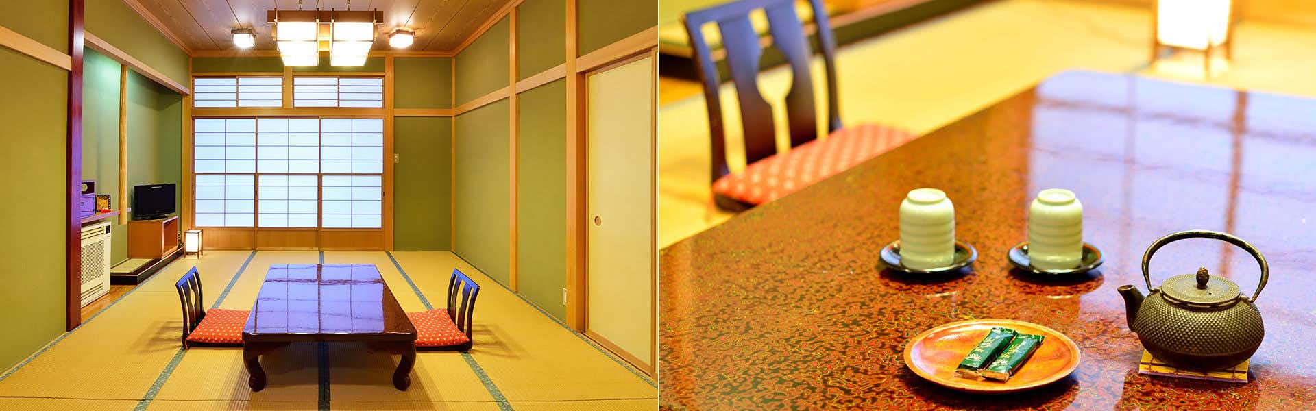 Yanagiya Ryokan Yellow walls, tatami mat flooring, dark wooden structural post, red floor cushion, window with golden wood frame