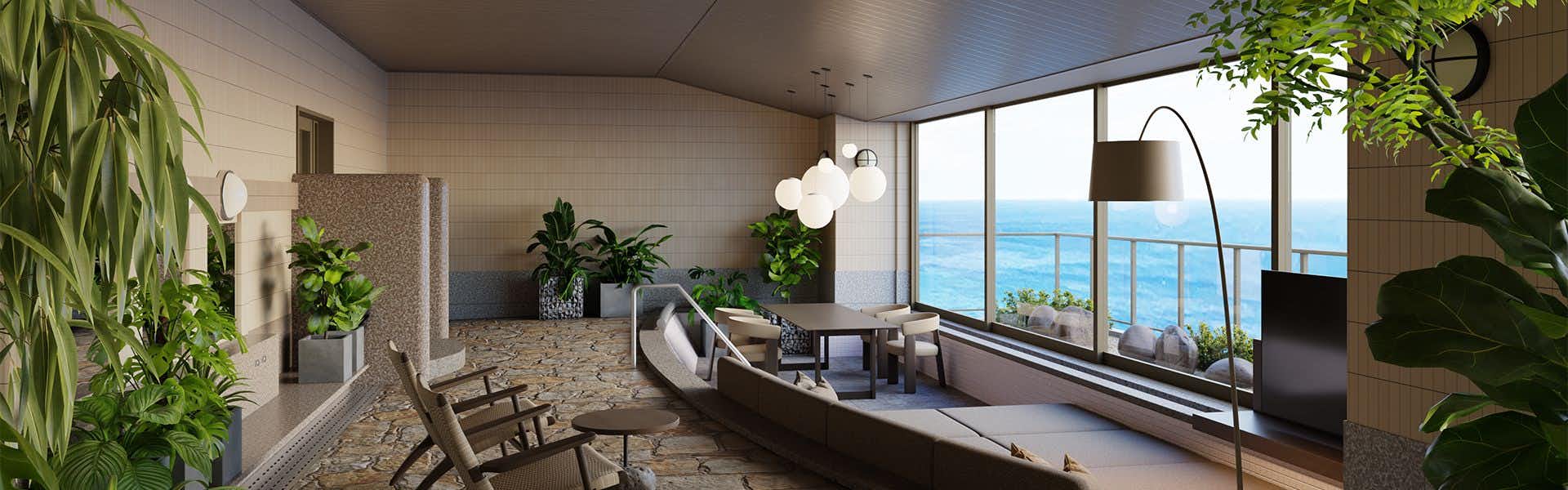 Izu Retreat Atagawa Suiko by Onkochishin (formerly Atagawa Onsen Suiko) with a lounge framed by ocean windows.