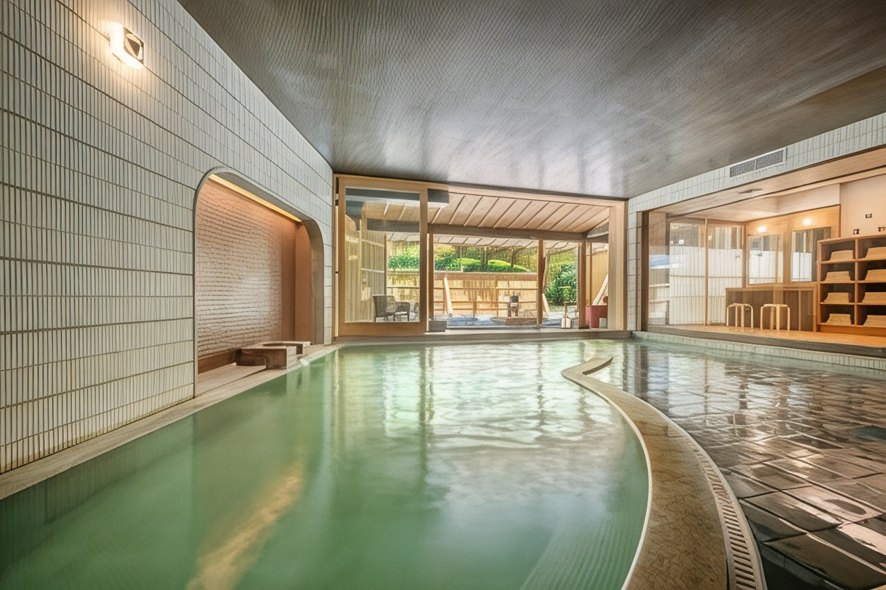 Indoor bath with a tiled pool.