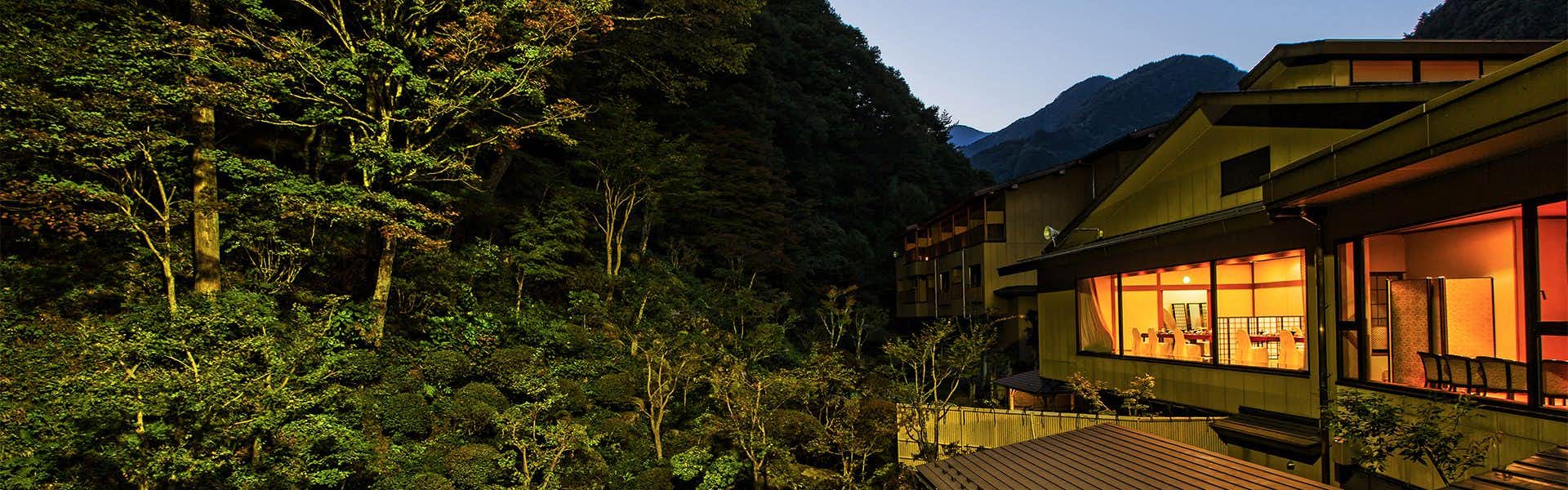 Futari Shizuka with this scene, where its glows against wooded mountain slopes after dark.
