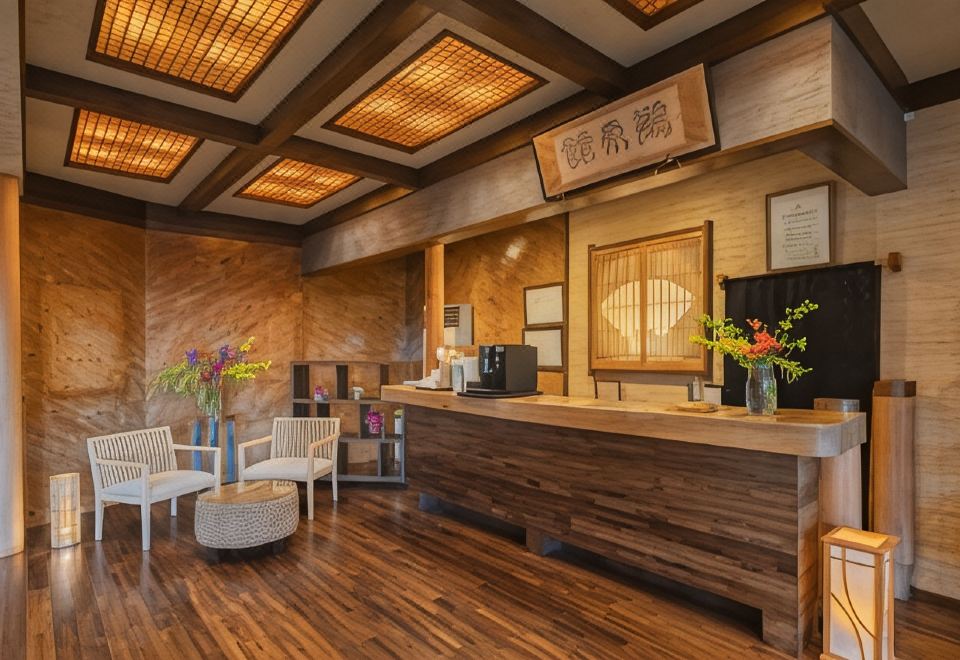 A wood-paneled reception desk and lobby.