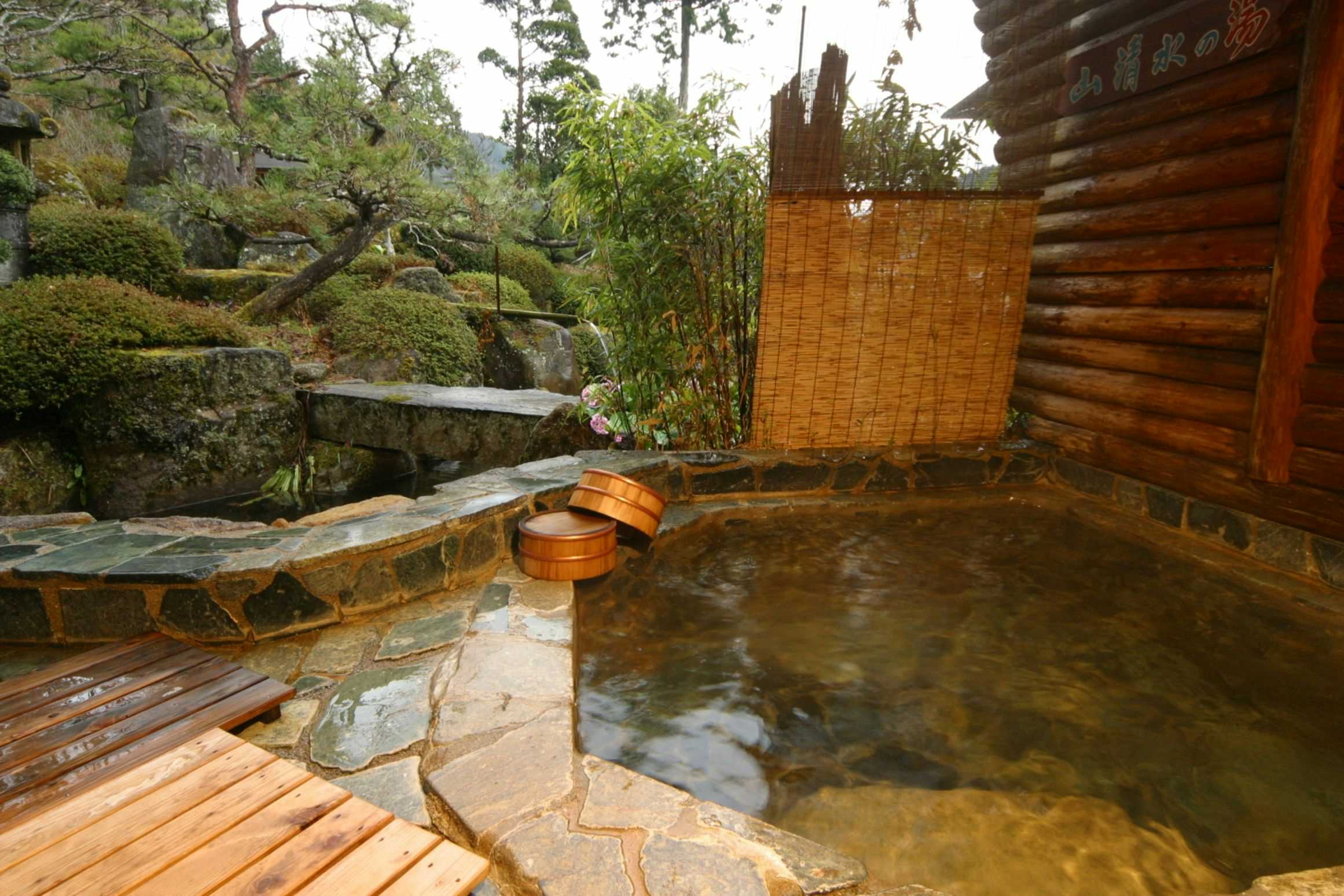 Carbonated Spring Inn Niko Niko Sou with an open-air rock bath enclosed by logs and garden stones.