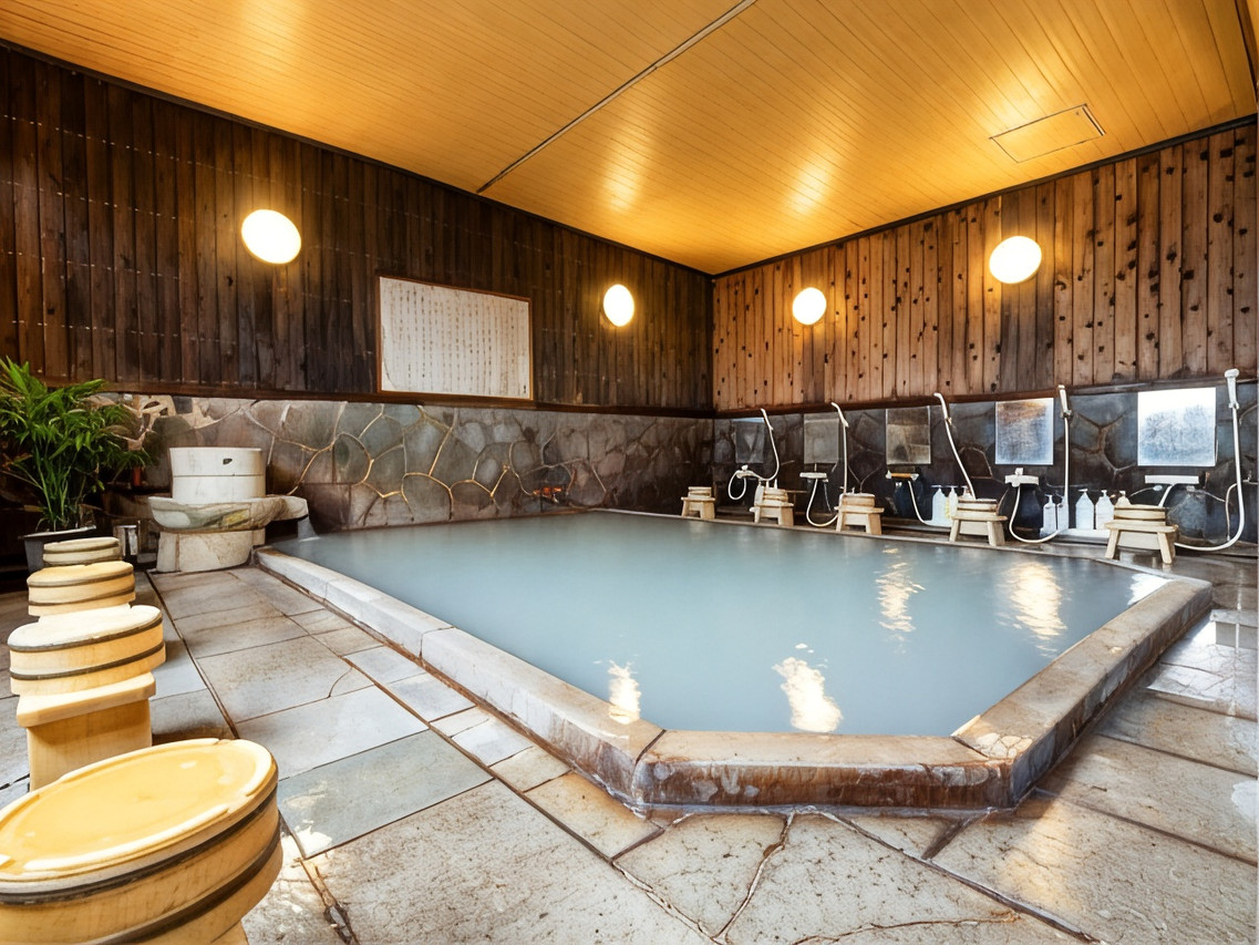 Indoor bath with tiled walls and washing stations.