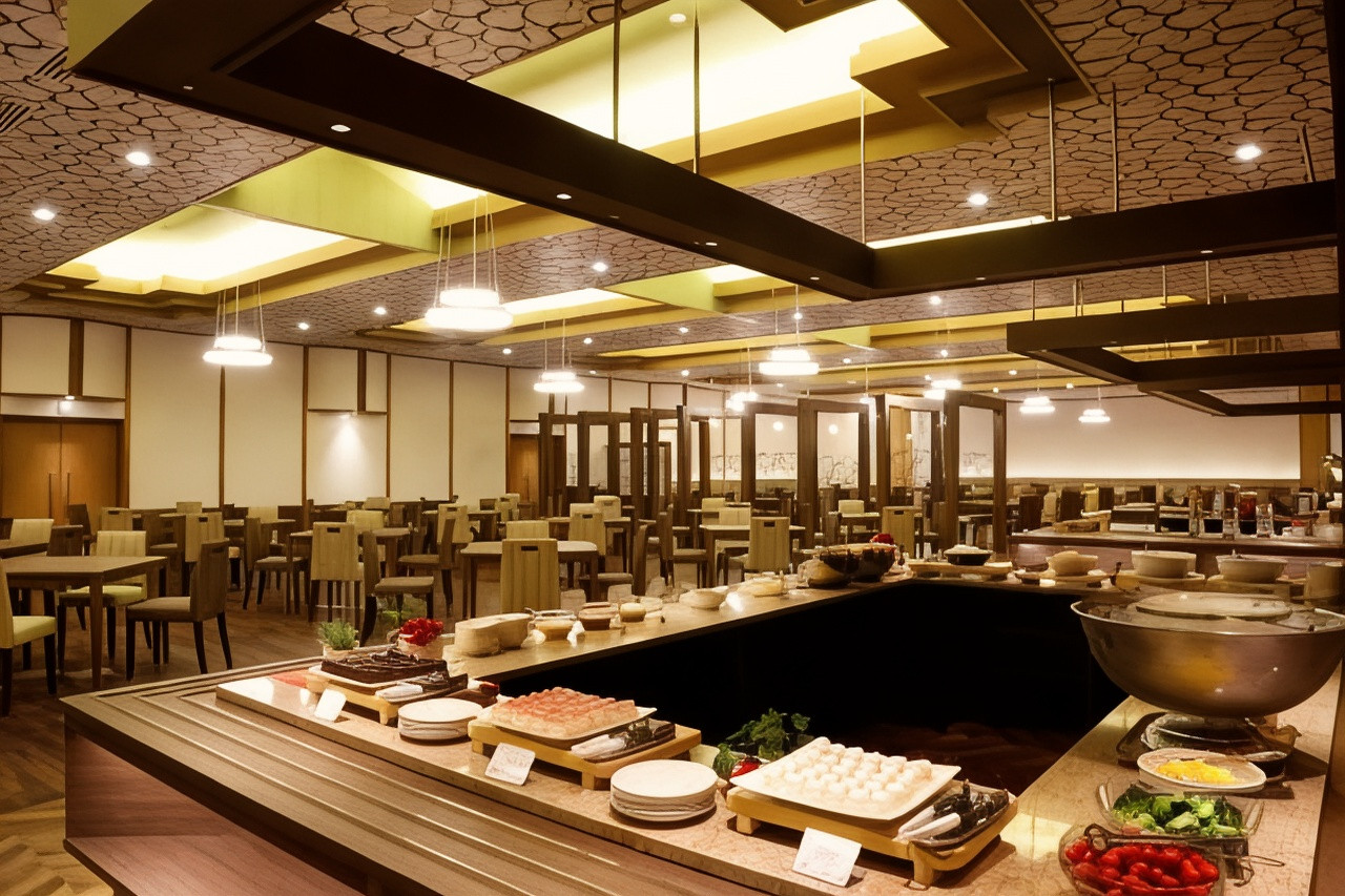 Dining room with rows of tables.