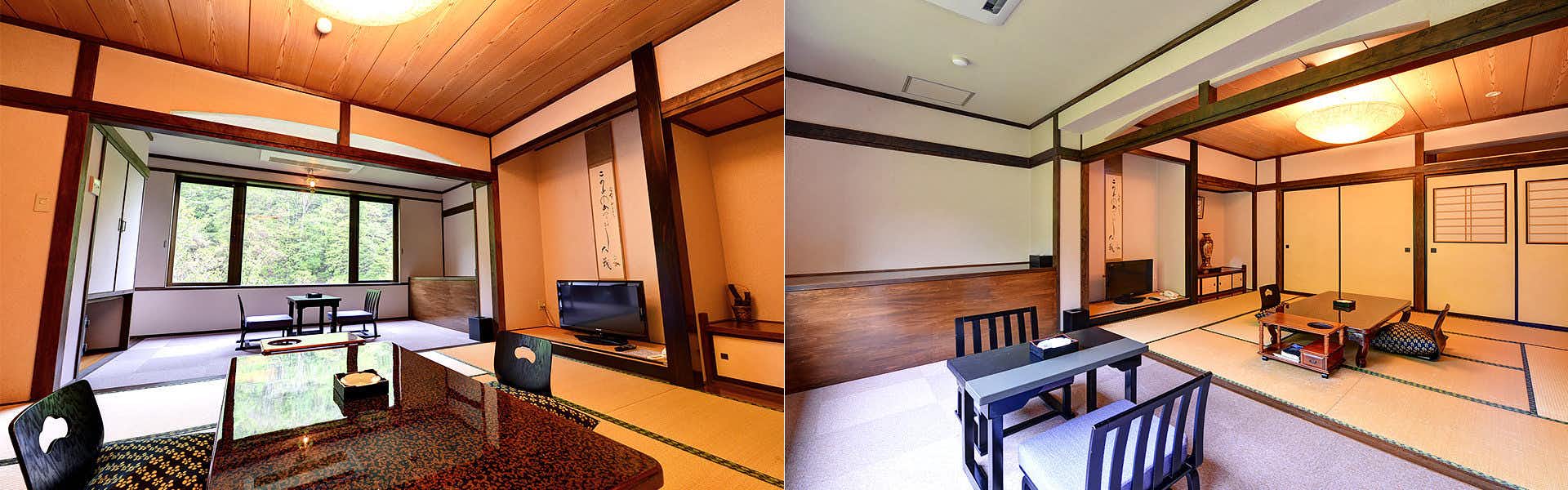 Goshiki Onsen Goshiki no Yu Ryokan with a panoramic tatami room with valley windows and low tables.