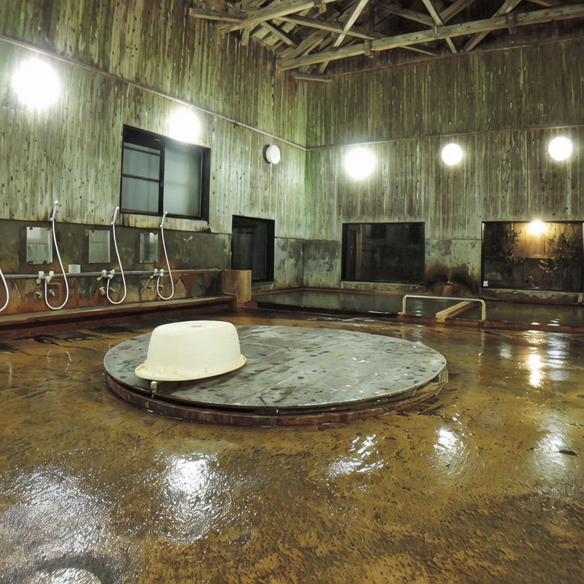 Large circular indoor bath in a rustic wood-paneled bathing room.