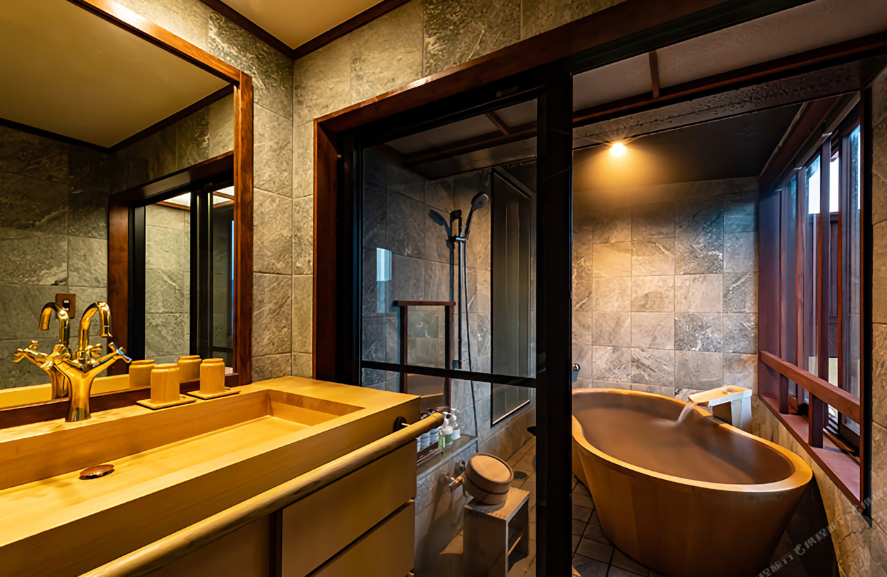 A bathing area with a wooden stool and view.